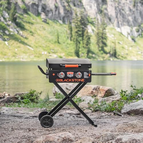 Blackstone 22” On The Go Scissor-Leg Griddle with Two Burners -Stainless Steel Gas Griddle with Hood, Wheels, Side Shelf –Heavy Duty Outdoor Stainless Steel Griddle for Backyard, Patio Camping –1935
