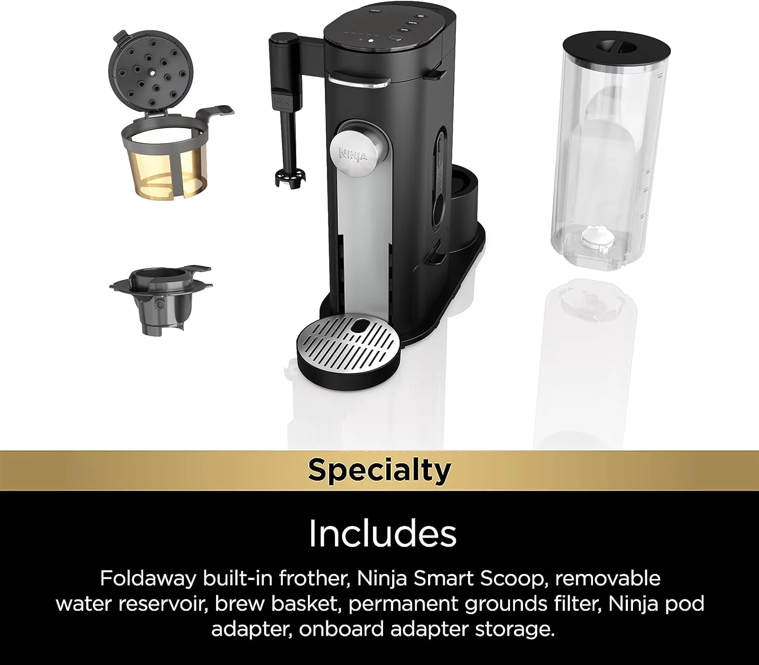 Ninja PB051 Pods & Grounds Specialty Single-Serve Coffee Maker, K-Cup Pod Compatible, Built-In Milk Frother, 6-oz. Cup to 24-oz. Travel Mug Sizes, Black
