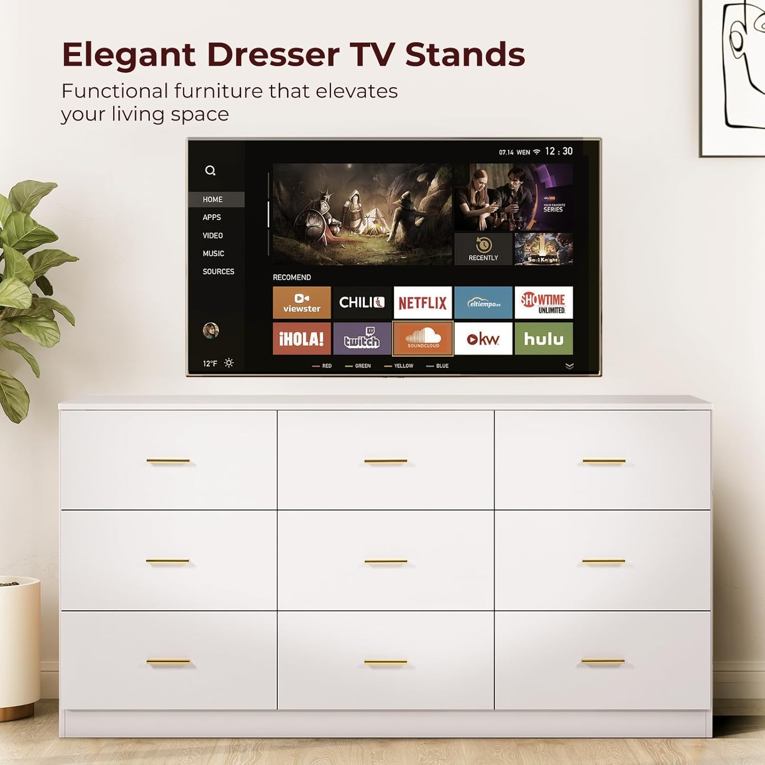 White Dresser for Bedroom with 9 Drawers, Long TV Stand, Modern Chest of Deep Cabinets and Wooden Top, Perfect for Living Room Storage, 63" 15.5" 30"