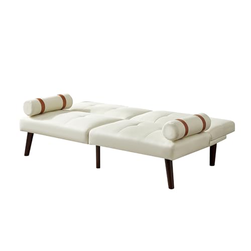 Convertible Sofa Bed Futon Linen Sleeper Couch with Adjustable Backrests Soild Wood Legs for Bedroom Living Room White