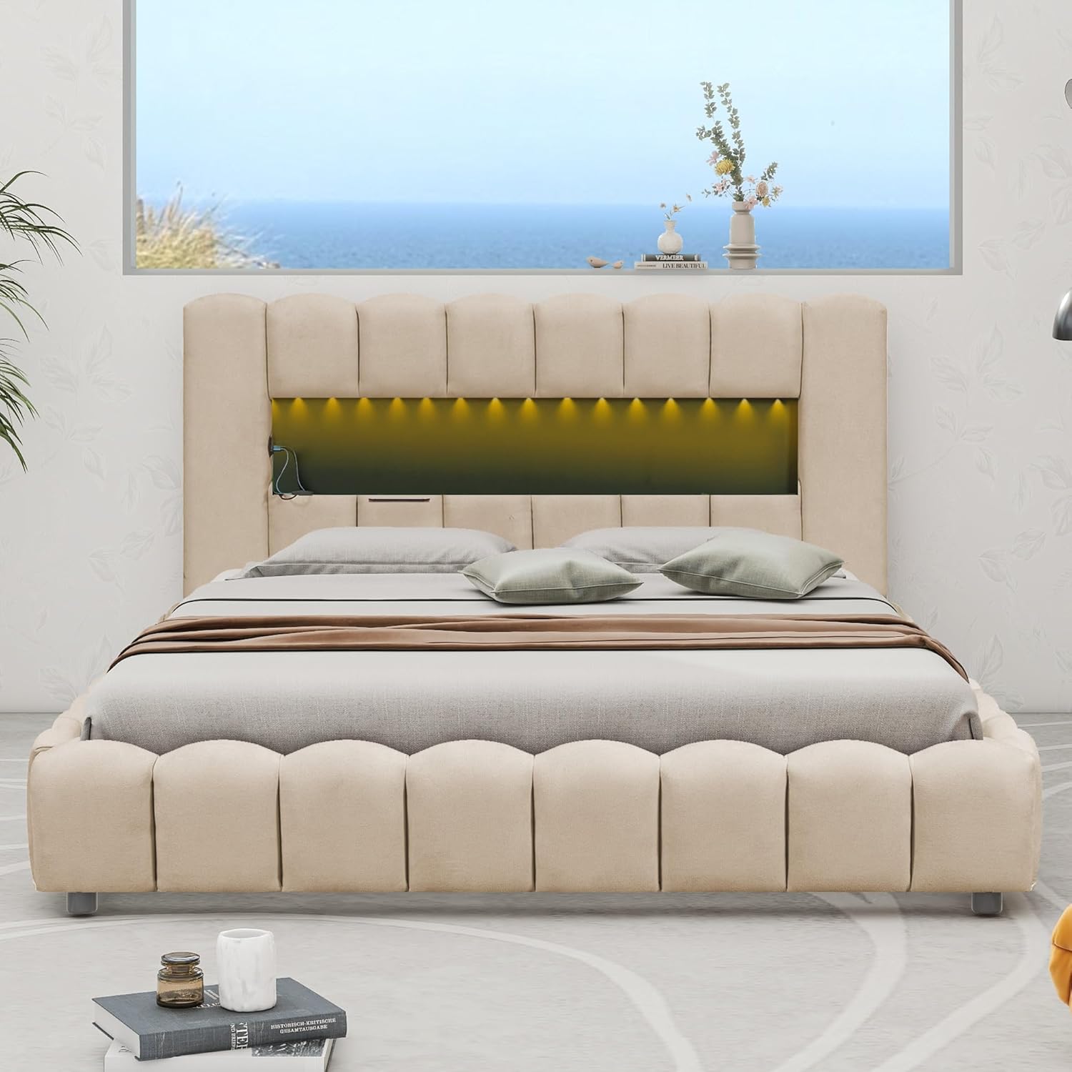Harper & Bright Designs Grounded Upholstered Queen Bed with Lift Up Storage,Queen LED Bed Frame with USB Charging, Lift-Up Storage Bed Queen for Teens Adults,Linen Fabric,No Box Spring Needed,Beige