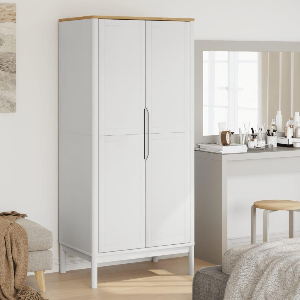vidaXL Wardrobe Floro - Solid Pine Wood, White Finish, 30.3"x20.9"x67.3", Spacious Storage with Clothes Rail and Practical Doors