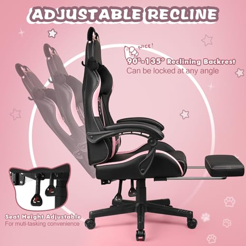 PUKAMI Pink Gaming Chair with Cat Ears and Cat Paw Cushion Pillow,Cute Computer Chair for Girl with Footrest,Ergonomic Gamer Chair, Kawaii Gaming Chair,Reclining Game Chair(Pink)