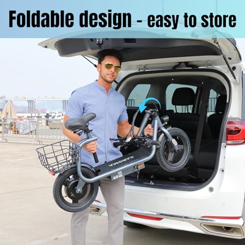 Caroma Peak 500W/800W/1200W Electric Scooter with Seat, Max 15/20/30Miles Range&20MPH, 14" Tires Foldable Adult Electric Scooter with Basket for Pets & Cargo, Dual Shock Absorbing Ebike for Commuting