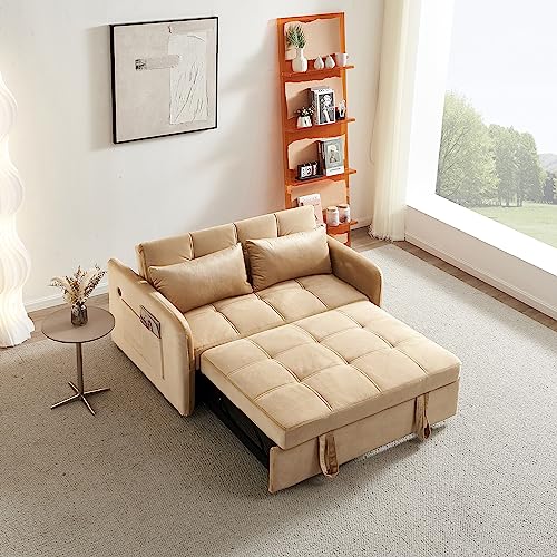 4 55" Full Size Pull Out Couch-3 in 1 Covertible Sleeper, Velvet Comfy Loveseat Sofa with Pullout Bed, USB Port& Adjustable Backrest for Living Room, Apartment, Pink