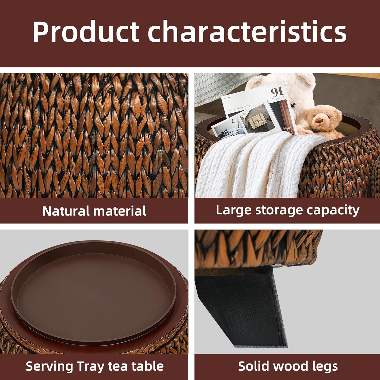 Round Sides Storage Ottoman Coffee Table,Ratten Swiveling Ottoman Bench, Bed Storage Trunk, Storage Basket,Side Table with Banana Leaf for Living Room,Hand Woven,Golden