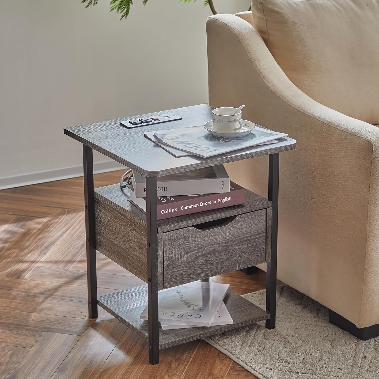 Nightstand Set of 2 with Charging Station, Wheels, USB Ports, Outlets, and Drawer Compact Side Table for Small Spaces End Table with Storage Shelves Portable Bedside Table MDF Metal Furniture Grey