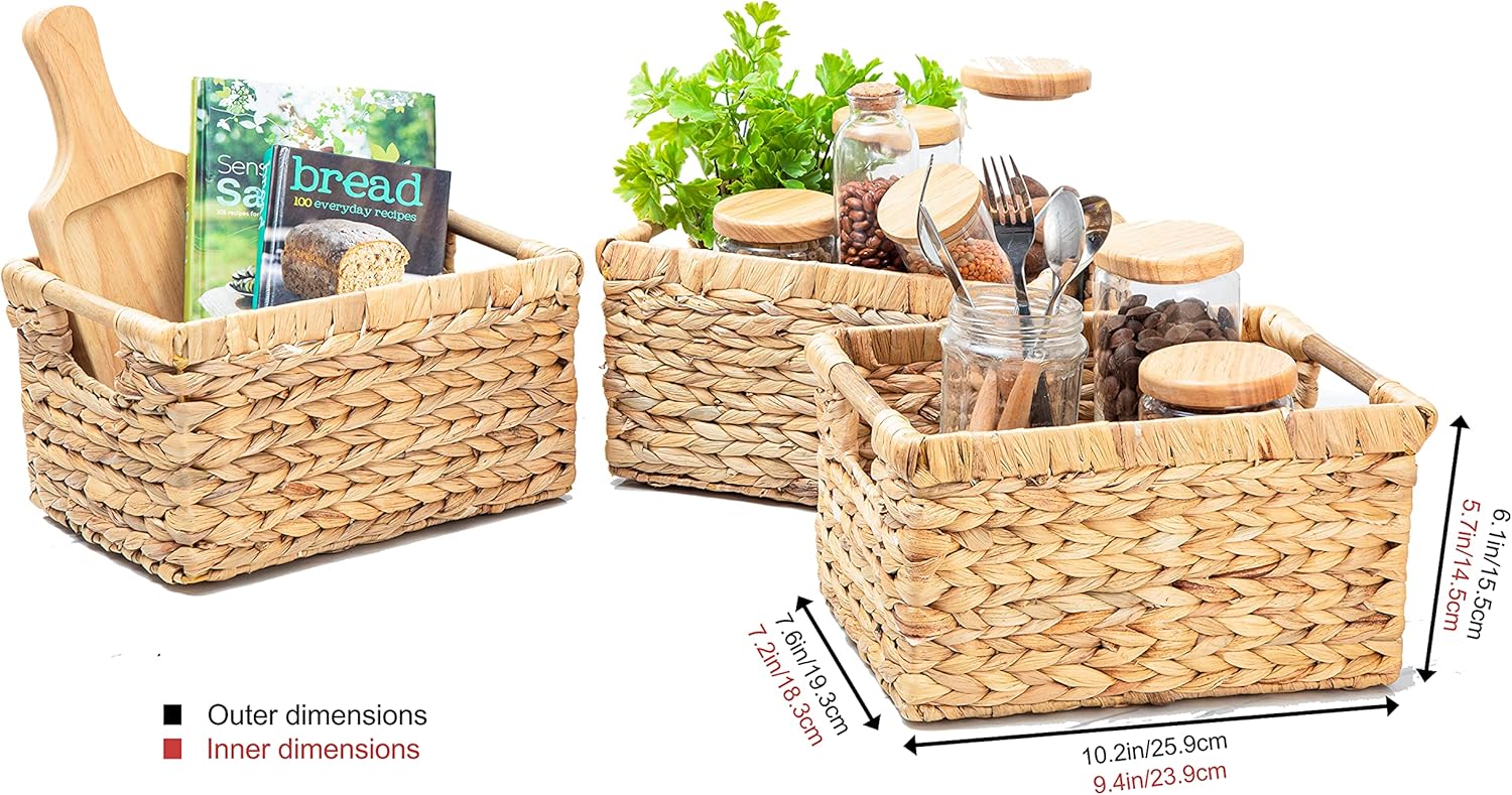 VATIMA Large Wicker Basket Rectangular with Wooden Handles for Shelves, Water Hyacinth Basket Storage, Natural Baskets for Organizing, Wicker Baskets for Storage 14.5 x 10.3 x 7.2 inches