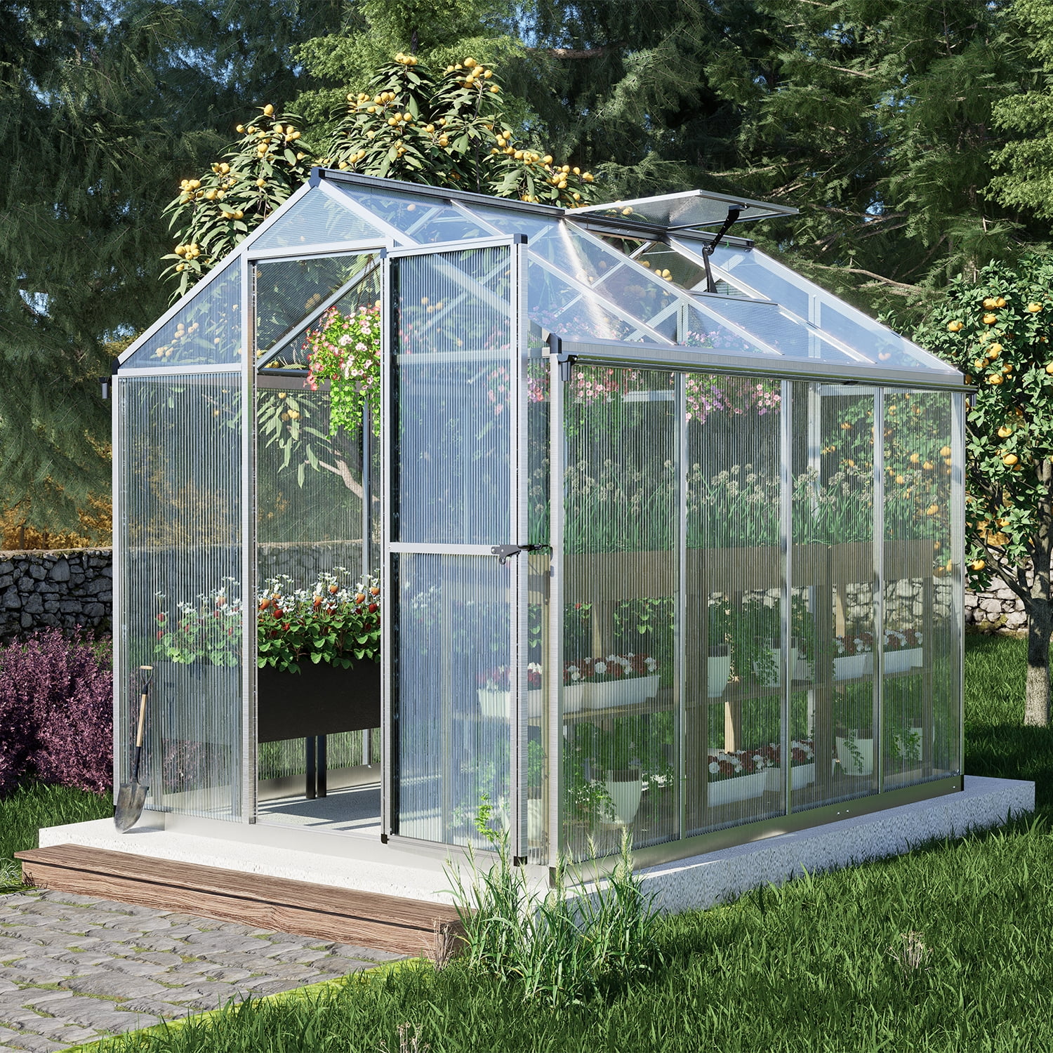 Aoodor 6' x 8' Walk-in Polycarbonate Greenhouse with Roof Vent and Door lock, Heavy Duty Aluminum Frame and Polycarbonate Panels, for Backyard Garden - White