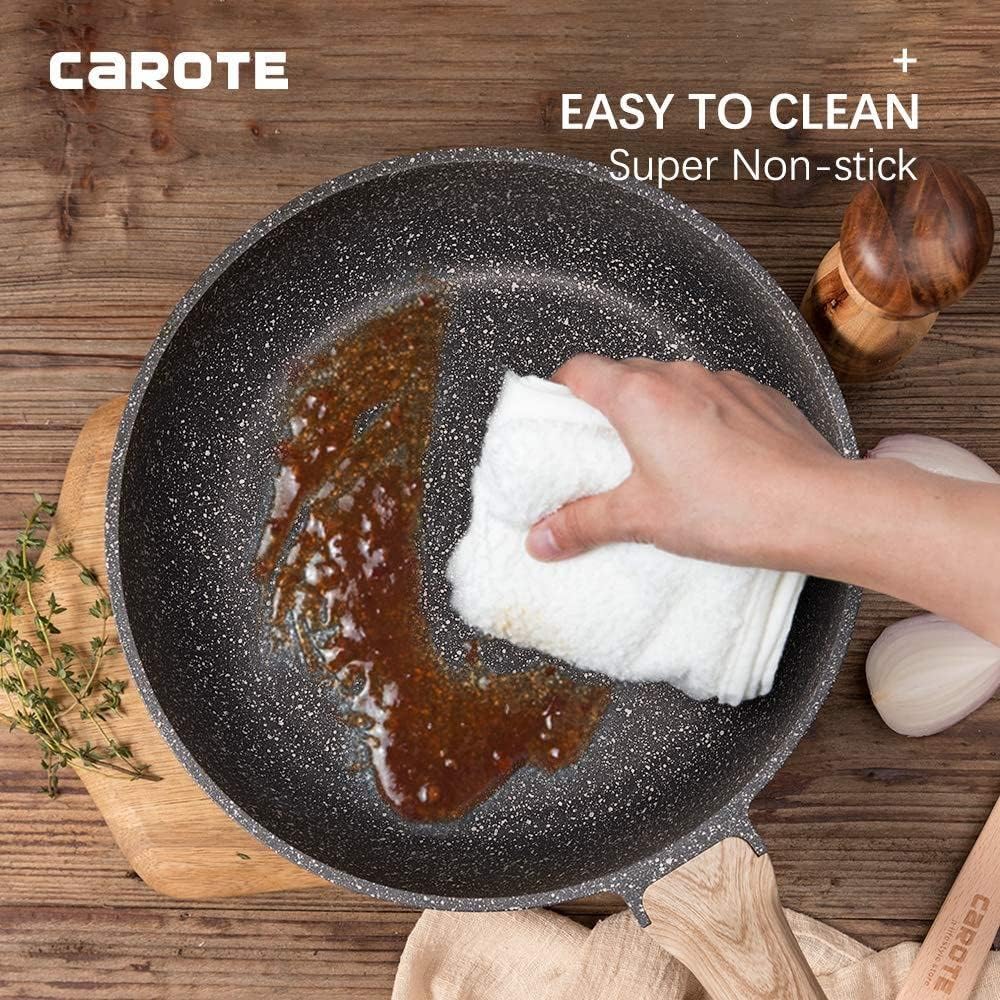 Carote Nonstick Cookware Set,10 Pcs Nonstick Cookware Set Pan and Pot, Essential Woody, Classic Granite