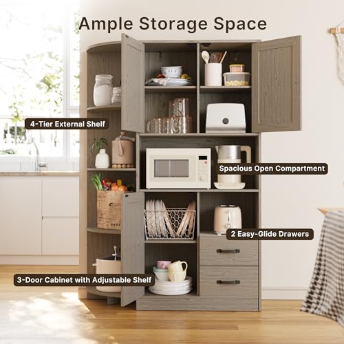 Gizoon 60.4" Farmhouse Kitchen Pantry Storage Cabinet with Doors and Adjustable Shelves, Large Kitchen Hutch with Drawers, Freestanding Cupboard for Dining Room, Living Room, Retro