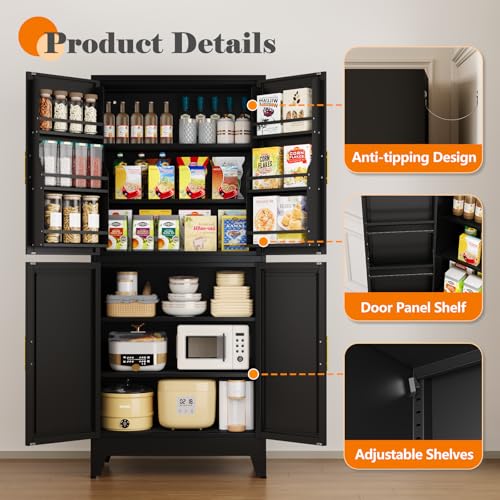 75.2" Tall Metal Pantry Cabinet, Storage Cabinets with 4 Door and 4 Adjustable Shelves, Black Kitchen Pantry Storage Cabinet, Freestanding Cupboard for Kitchen Dining Room Living Room Bathroom