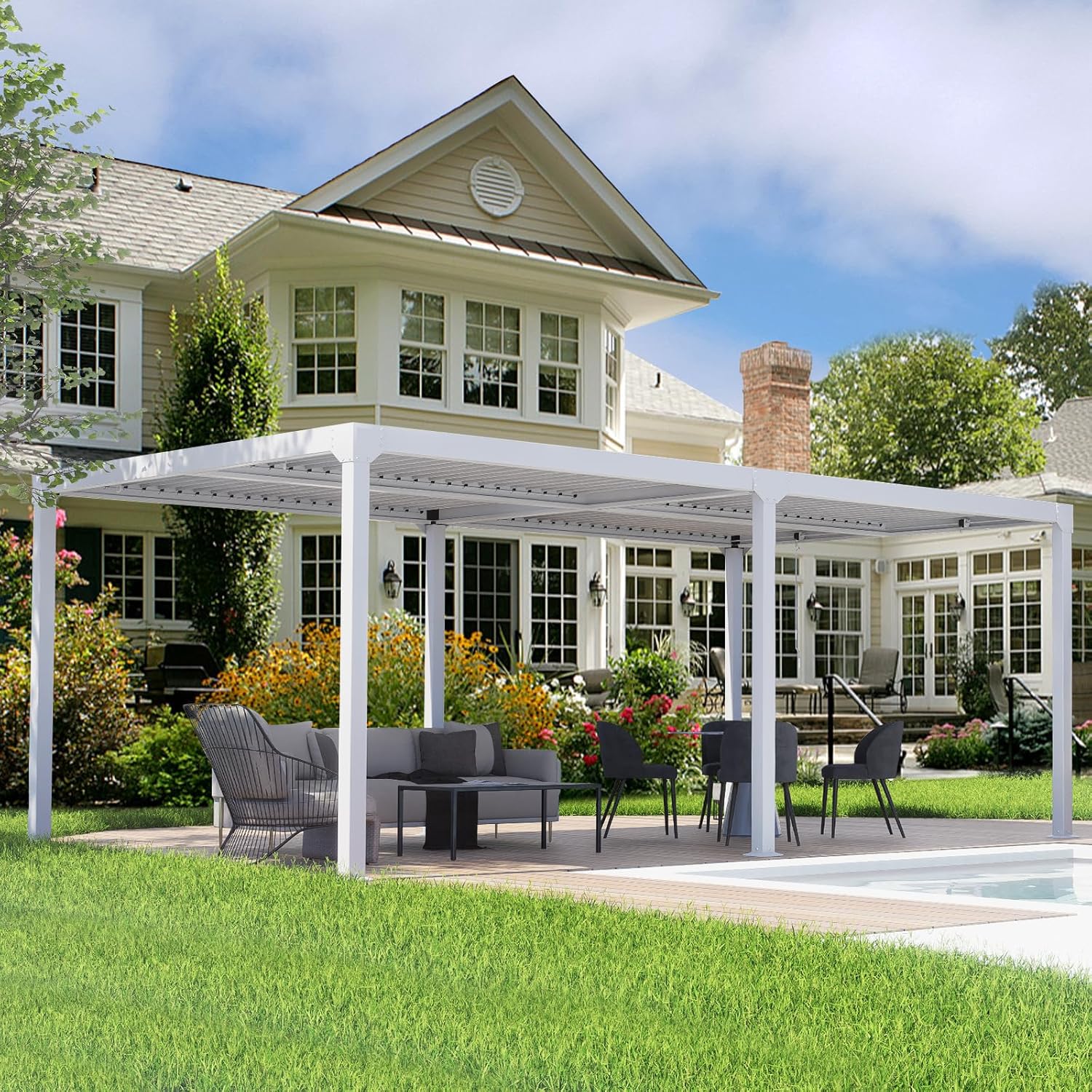 Aoodor Patio 20 x 10 FT Louvered Aluminum Pergola, Outdoor Gazebo with Adustable Hardtop, for Lawn and Garden - White