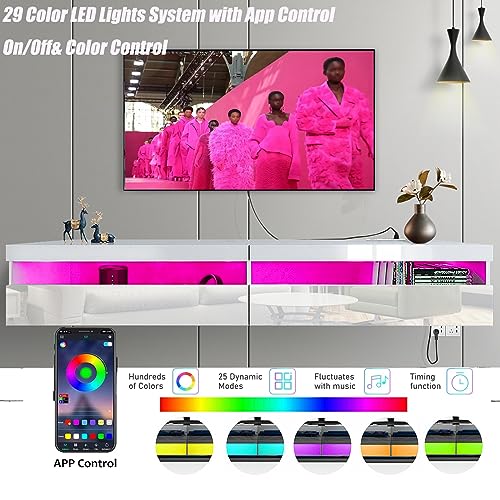 Floating TV Stand, 71" Floating entertainment center wall mounted,Floating Wall Mounted TV Shelf with Led Lights and Power Outlet,Modern High Gloss tv Cabinet Media Console with Storage