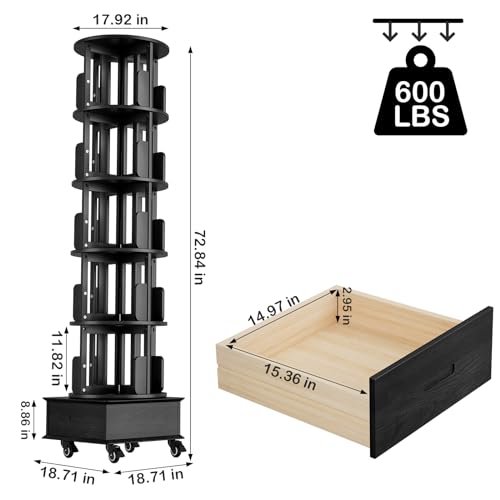Solid Wood Rotating Book Shelf, 360° Display Bookcase with Drawer, 5-Tier Mobile Bookshelf with Wheels, 79" Tall Bookcase for Narrow Space, Spinning Bookshelf Tower for Home Office, Study Room, Black