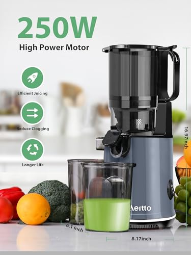 Aeitto Juicer Machines,Masticating Juicer with 5.3" Wide Mouth,250W Whole Fruit Juicer,1.7L Large Capacity Juice Maker for Vegetable and Fruit, Easy to Clean with Brush, High Juice Yield,Black
