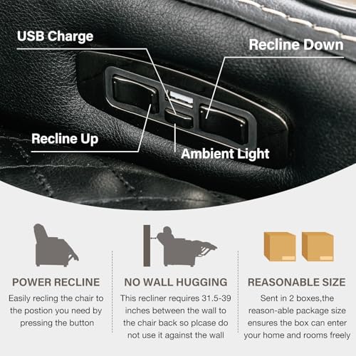 Electric Power Recliner Chair with Adjustable Headrest, Faux Leather Home Theater Seating Chairs with Ambient Lighting, Hidden Arm Storage, USB Ports, Cup Holders, for Movie & Media Room, Brown