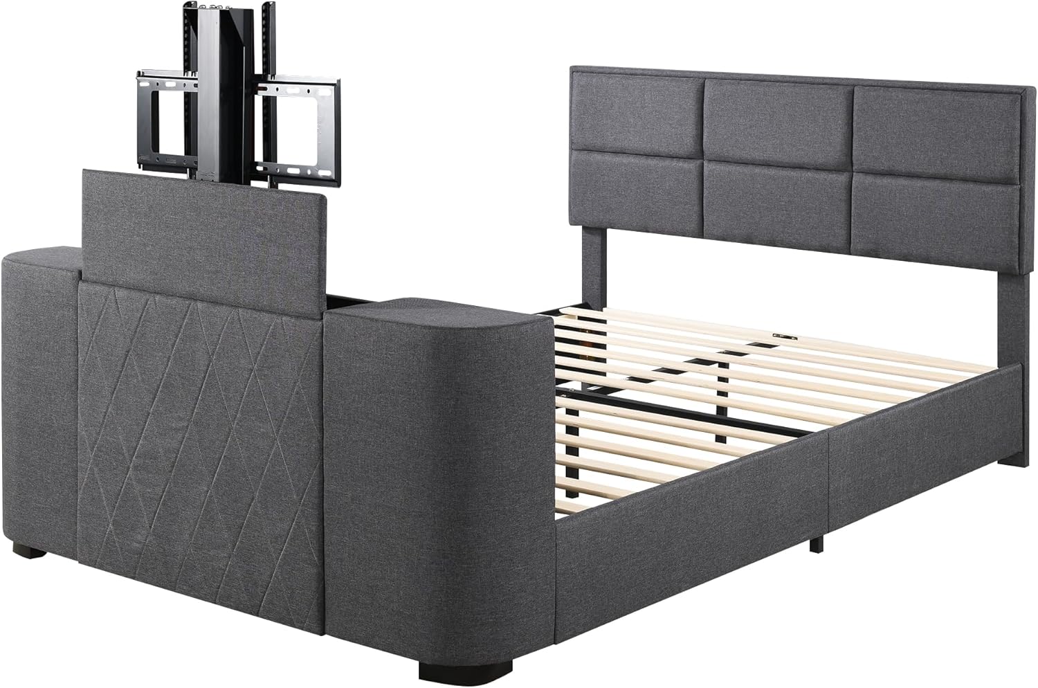 Queen Size Upholstered Platform Bed with Telescopic TV Stand, Modern Solid Wooden Bedframe with Adjustable Headboard & Support Legs, Media Storage Design, No Box Spring Needed, Gray