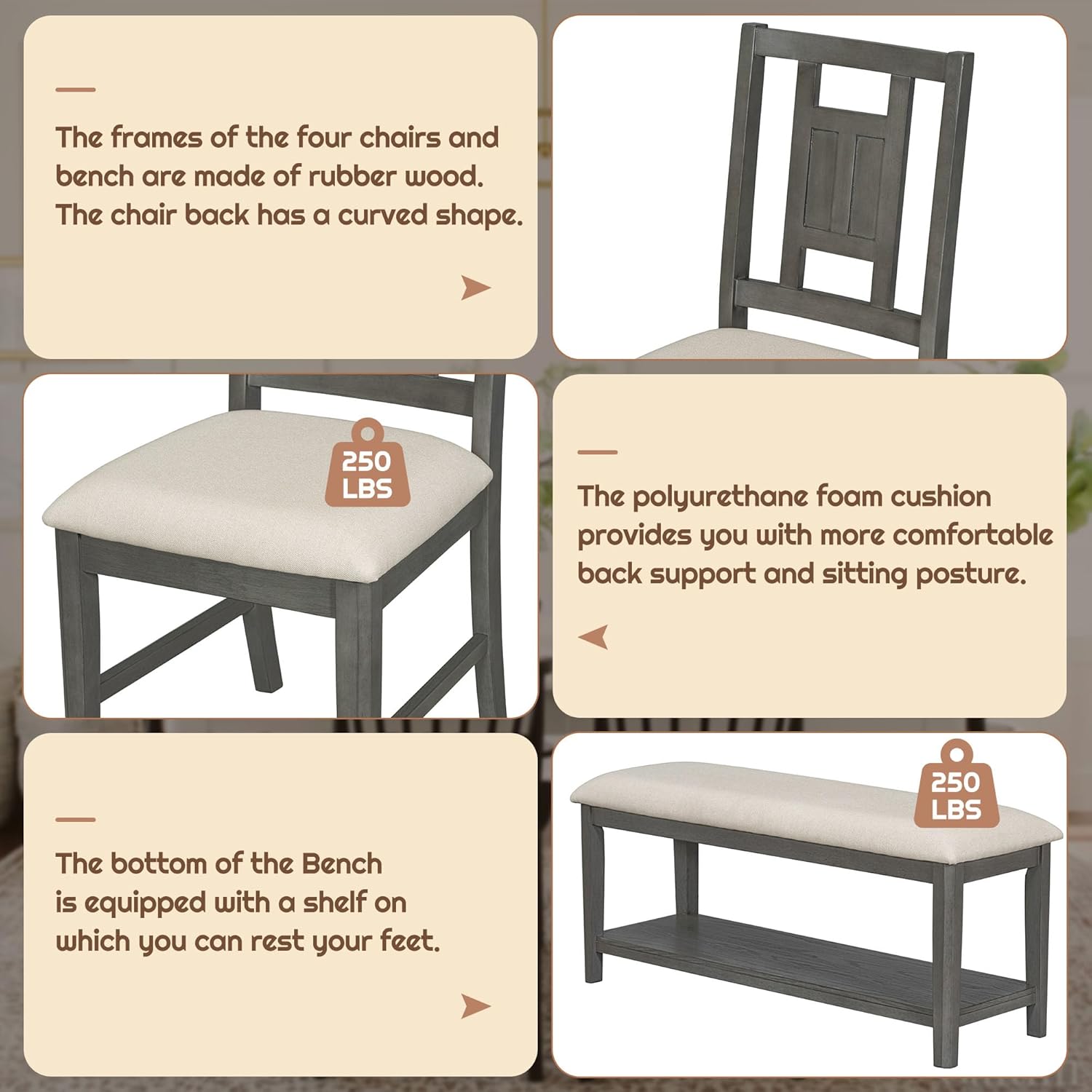 Retro 6-Piece Dining Table Set, 60" L Minimalist Dining Table and 4 Upholstered Chairs & 1 Bench, Solid Wood Kitchen Dining Room Table Set for 6, Home Family Breakfast Set (Dark Gray-Q)