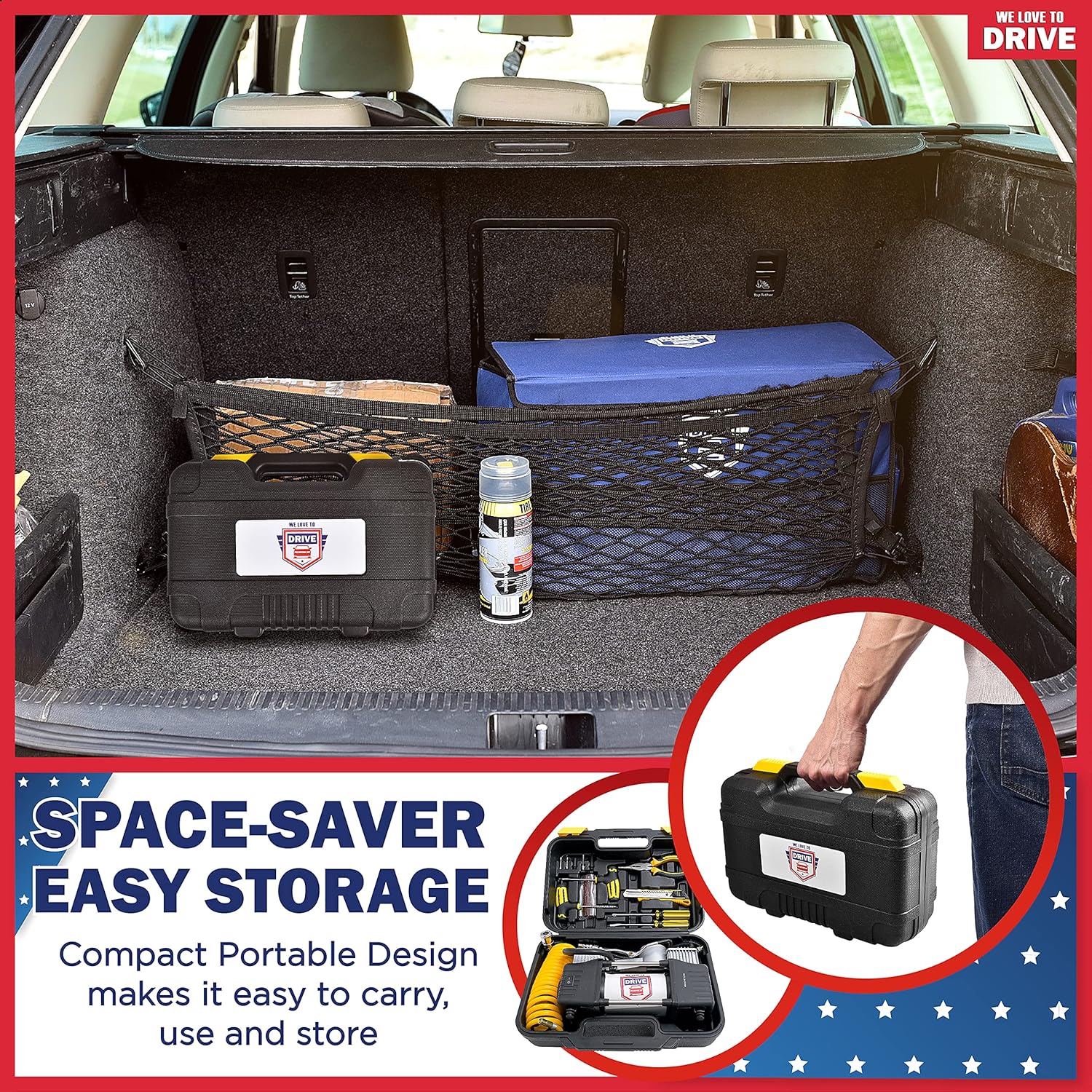Air Pump and Tire Repair Kit �C 12V DC 150 PSI Portable Air Compressor & Car Emergency Kit with PSI Gauge, Adaptors, Hose, Car Plug, Clip Connectors, Tire Inflator & Tire Patch Kit by WE LOVE TO DRIVE