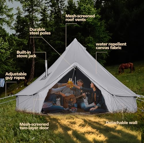 Cotton Canvas Bell Tent, Waterproof Large Tents with Sturdy Center & Door Pole and Space for 4/6/8 Person All 4 Season Camping Yurt Tent