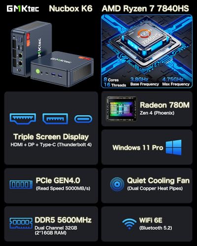 GMKtec Gaming PC, K11 AMD Ryzen 9 8945HS(8C/16T, Up to 5.2GHz), 32GB DDR5 RAM 1TB Mini PC Desktop Computer, Oculink, Dual NIC 2.5GbE LAN, HDMI/DisplayPort/USB4*2