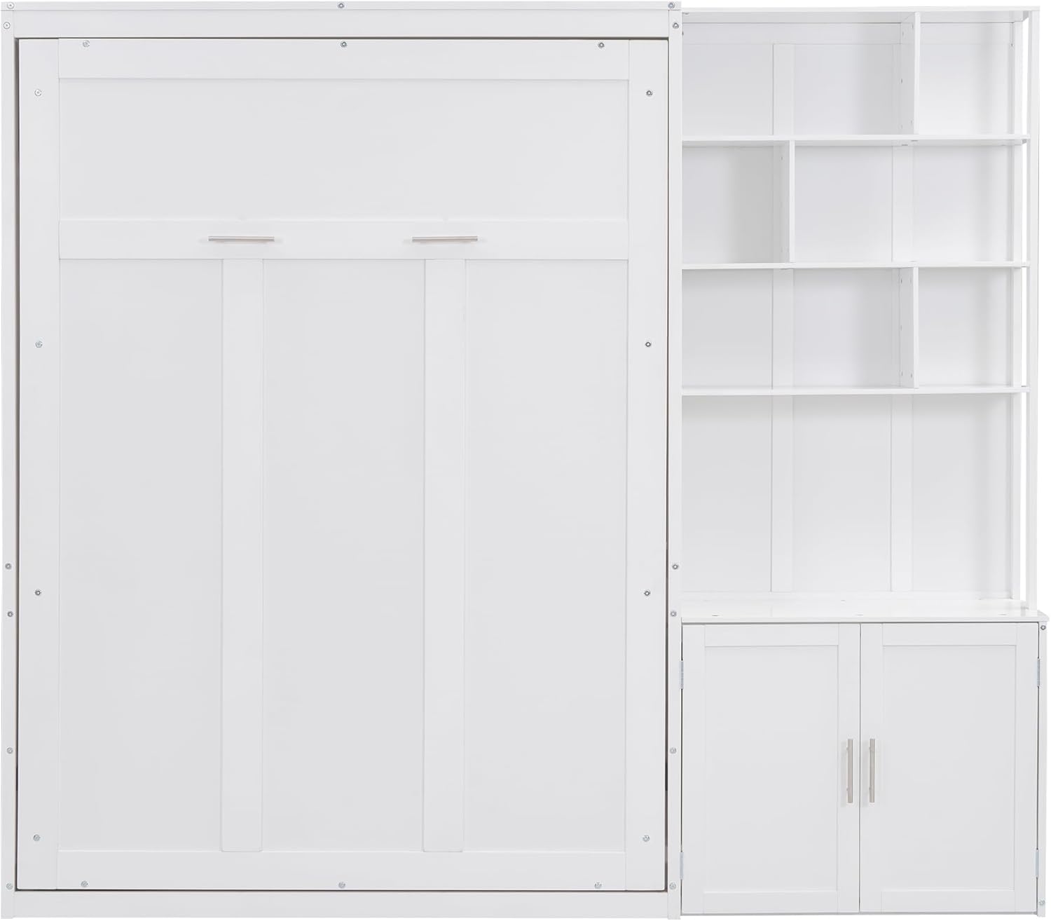 Full Size Murphy Bed with Tall Storage Cabinet & Shelves, Modern Cube Folding Bedframe with Wooden Slat Supports, Space-Saving Design, Ider for Bedroom, Guest Room, Apartment, white