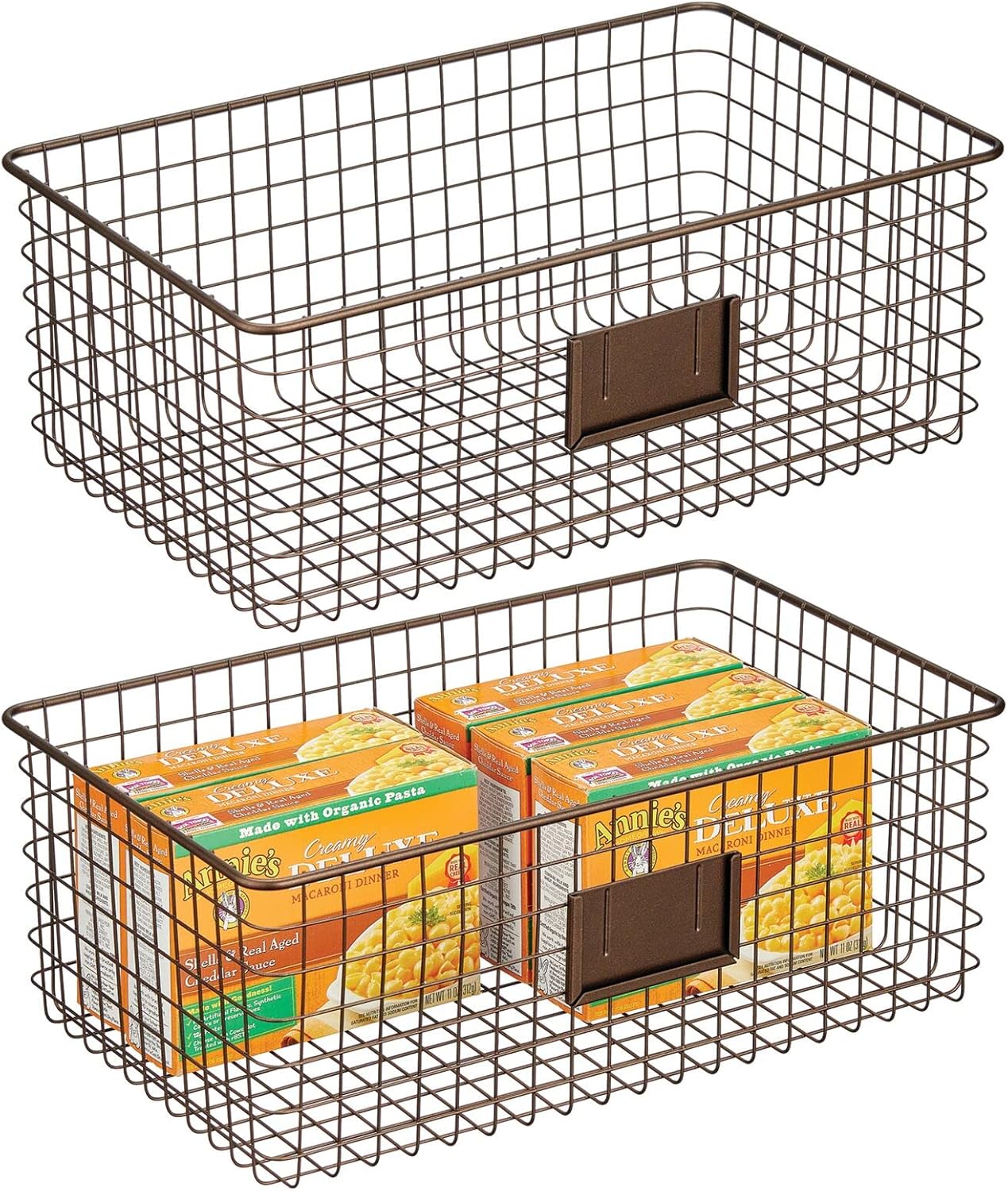 mDesign Farmhouse Decor Metal Wire Food Organizer Storage Bin Basket with Label Slot for Kitchen Cabinets, Pantry, Bathroom, Laundry Room, Closets, Garage - 2 Pack - Matte Black Pack of 2