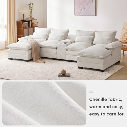 123" Modern U Shaped Sofa Cloud Couch with Console，Sectional Sofa Couch for Living Room with Cupholders and USB Ports，Chenille 4 Seat Modular with Chaise(White)
