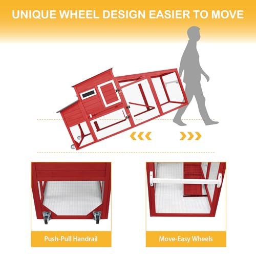 78" Wooden Chicken Coop with Nesting Wheels,Outdoor Mobile Hen House Poultry Pet House with Wheels,Removable Tray,UV Proof Asphalt Roof,Ramp Run for Backyard Garden(White/Red)