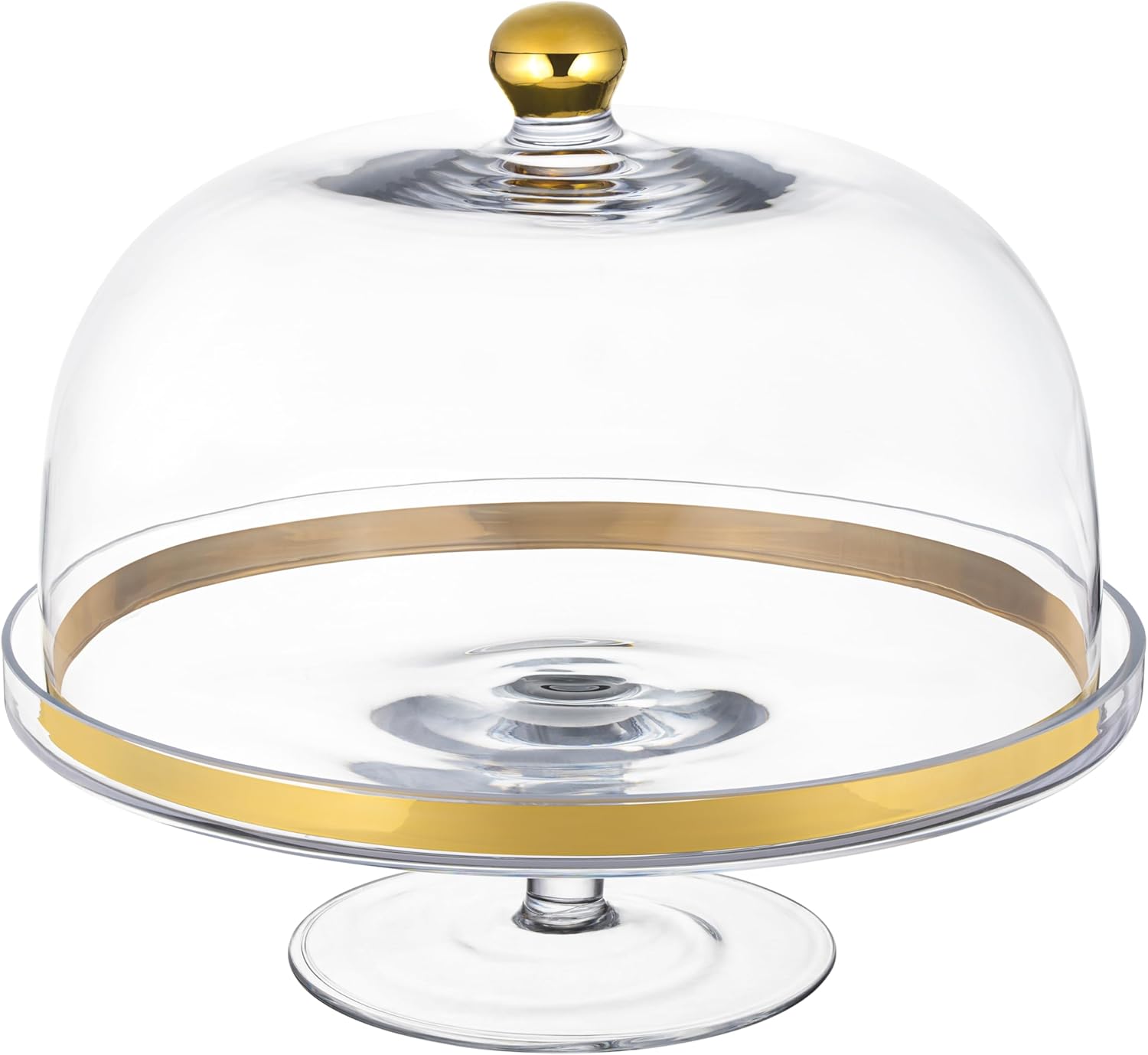 Glass - Cake Stand - and - Dome - with - Gold Rim - and - Gold Knob - for - Cake - Fruit - Cheese - 11.75" Diameter - Made in Europe - by Barski