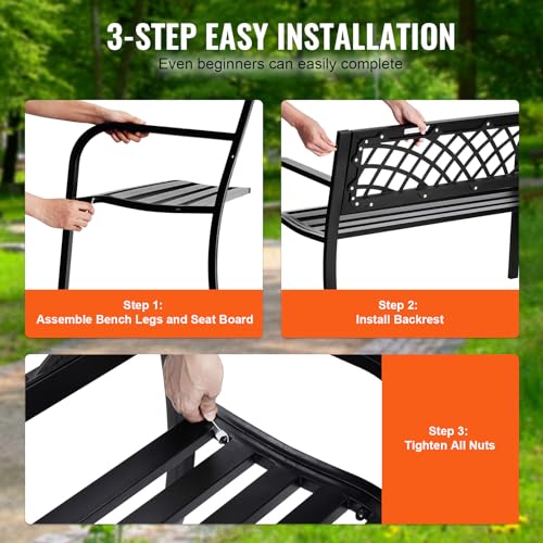 VEVOR 480 lbs Load Capacity, 38.8 inches Metal, Outdoor Backrest and Armrests, Patio Bench for Garden, Park, Yard, Front Porch, Metal-40 inch, Black