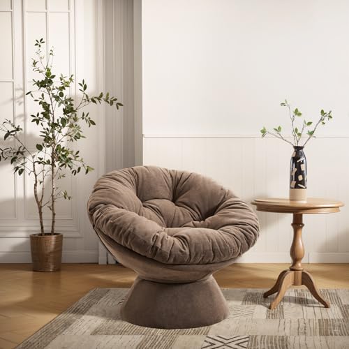 Modern Chenille Upholstered Papasan Chair 360° Swivel Accent Chair with Tufted Backrest,Comfy Round Swivel Barrel Chair with Sturdy Base Oversized Reading Chair for Living Room Bedroom,Yellow