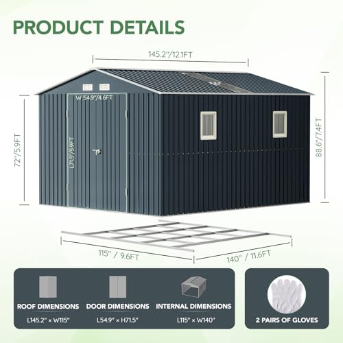 10X12X7.5 FT Outdoor Steel Storage Shed with Lockable Doors, 2 Windows, Transparent Roof Panels (Wood Panels & Frame Floor Not Included), Ideal for Patio Storage,Garbage Can, Chicken Coop，Brown