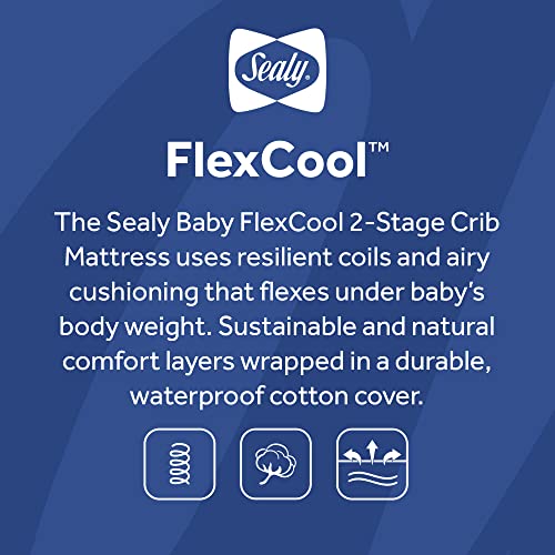Sealy Flex Cool Breathable Hypoallergenic 2-Stage Dual Firm Waterproof Baby Crib Mattress & Toddler Bed Mattress, Cotton Cover, 204 Premium Coils, Air Quality Certified, Made in USA, 52"x28"