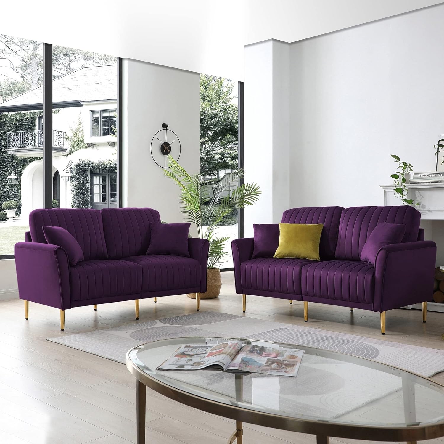 2 Piece Set with Sofa and Loveseat Couches Reversible Back Pillows Velvet Padded Seat Sectional for Living Room Armrest Purple Solid Modern Contemporary Pattern Down Fill Cushions