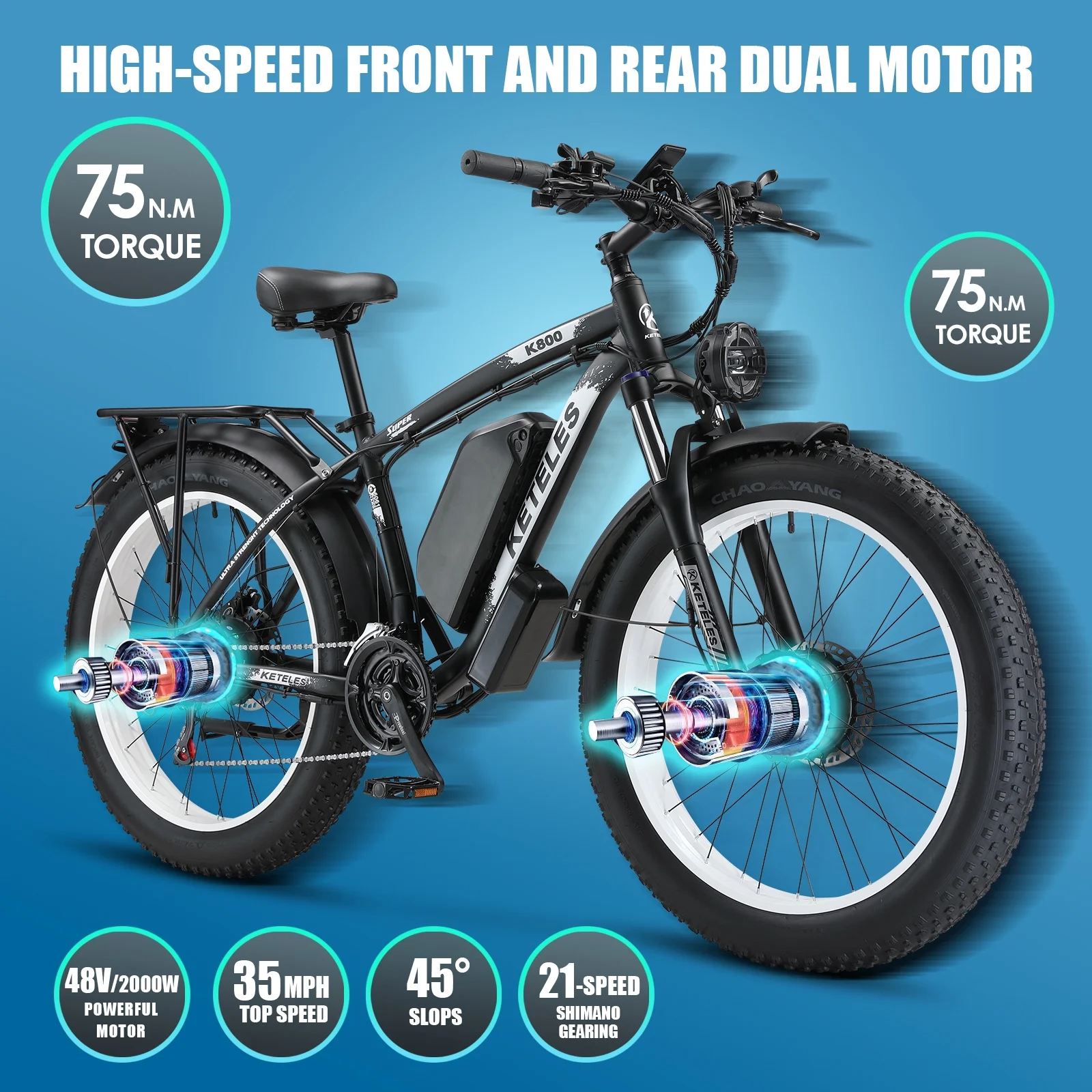 KETELES 2000W Electric Bike for Adults, 26 Fat Tire Electric Commuter Bicycle, Electric Mountain Bicycle Beach Snow Bike Ebike E-bike with 48V 23AH Removable Battery