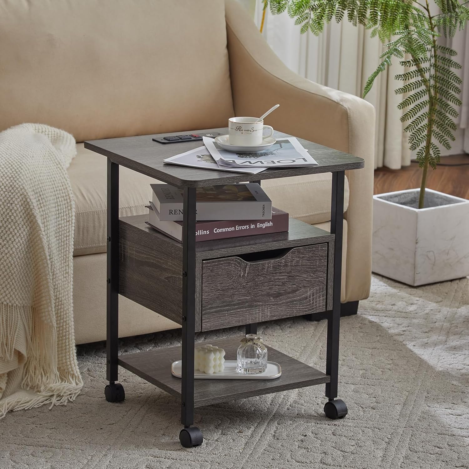 Nightstand Set of 2 with Charging Station, Wheels, USB Ports, Outlets, and Drawer Compact Side Table for Small Spaces End Table with Storage Shelves Portable Bedside Table MDF Metal Furniture Grey