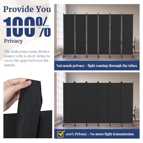 Kokorona 6 Panel Room Divider, 6FT Tall Rolling Privacy Screen with Lockable Wheels, Folding Wall Dividers Portable Room Divider for Room Separation, Included - Cover Strips, Black, 119''W x 70''H