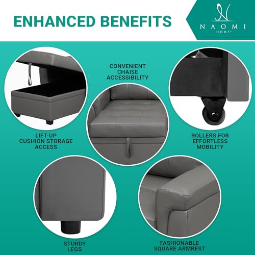 Naomi Home Jenny Sectional Sofa Sleeper with Storage Chaise, Tufted Pull Out Couch with Storage, L-Shaped Reversible Sleeper Sofa with Storage, Black,Air Leather