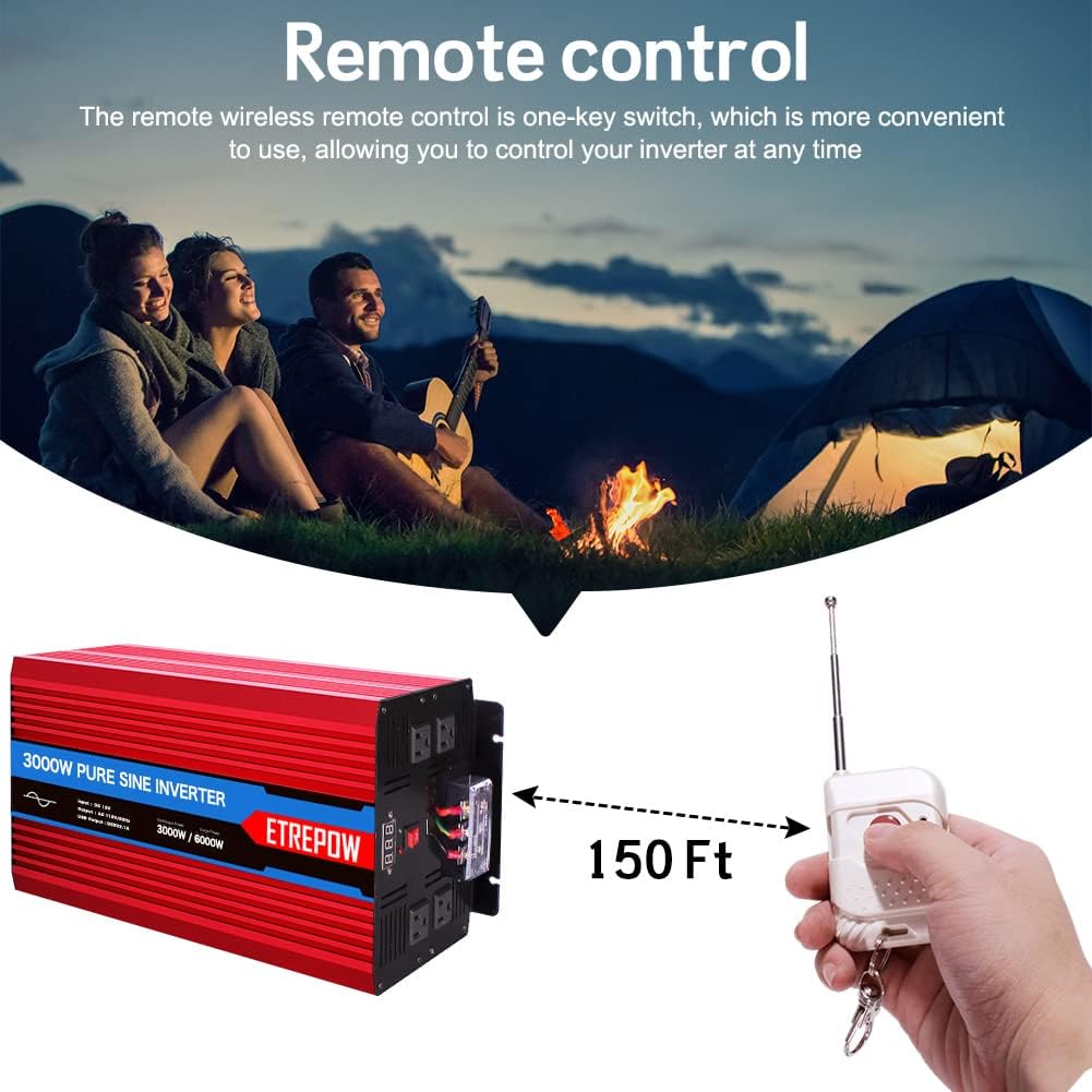 ETREPOW 3000 Watt/6000 Watt Pure Sine Wave Power Inverter 12V DC to 110V /120V AC Power Converter Wireless Remote Control-Off-Grid Inverter for Outdoor ,Home,Camping, RV,Truck,Car