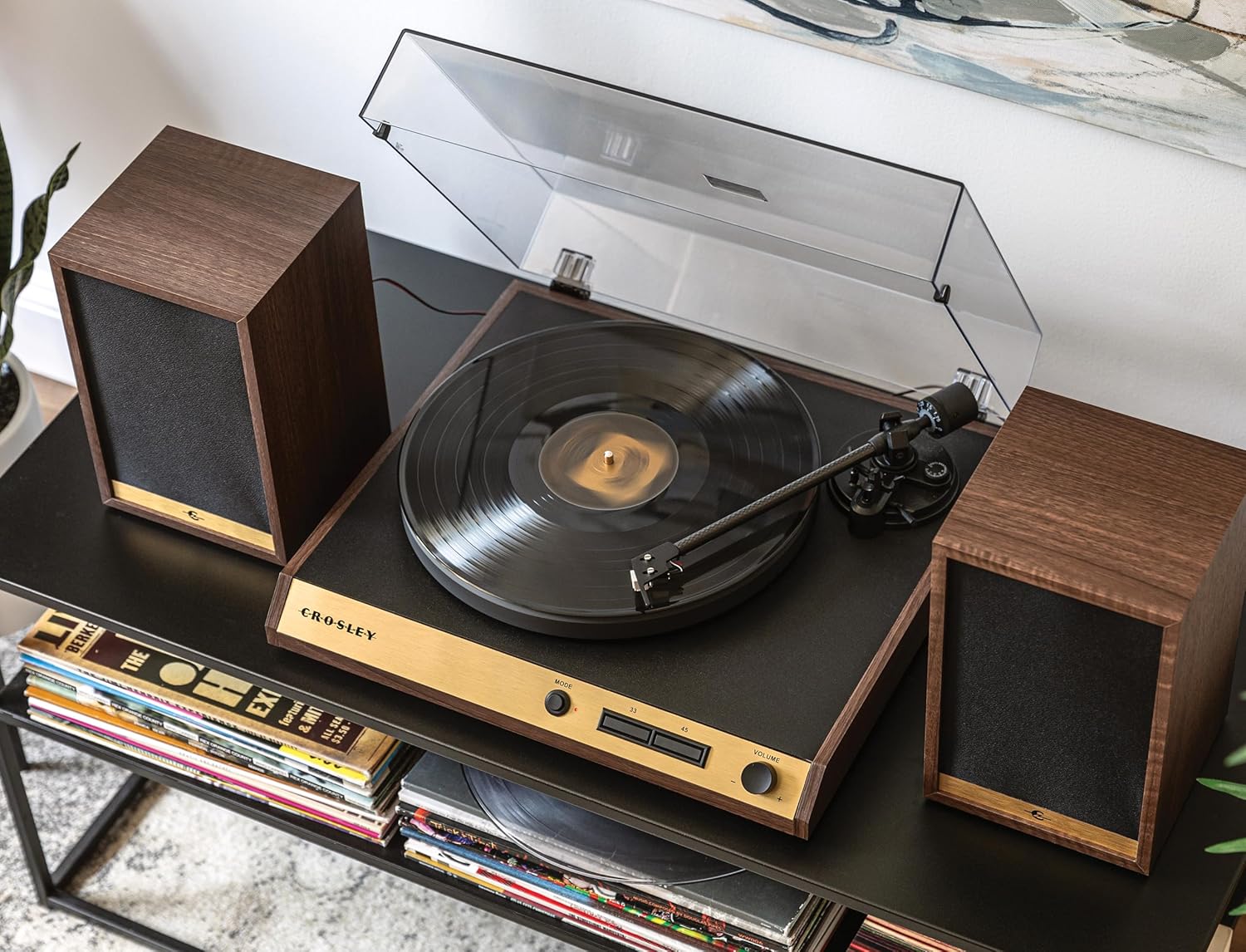 Crosley C72 2-Speed Belt-Drive Bluetooth Turntable Record Player with 80W Speakers and Carbon Fiber Tonearm, Walnut