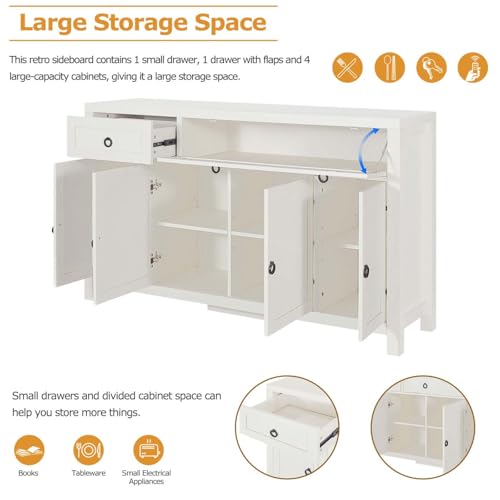 Sideboard Buffet Storage Cabinet, Modern Credenza Buffet Table Accent Cabinet with Flip Door 1 Drawer, 4 Adjustable Shelf, Console Coffee Bar Cabinet for Kitchen Entryway Living (Antique White)