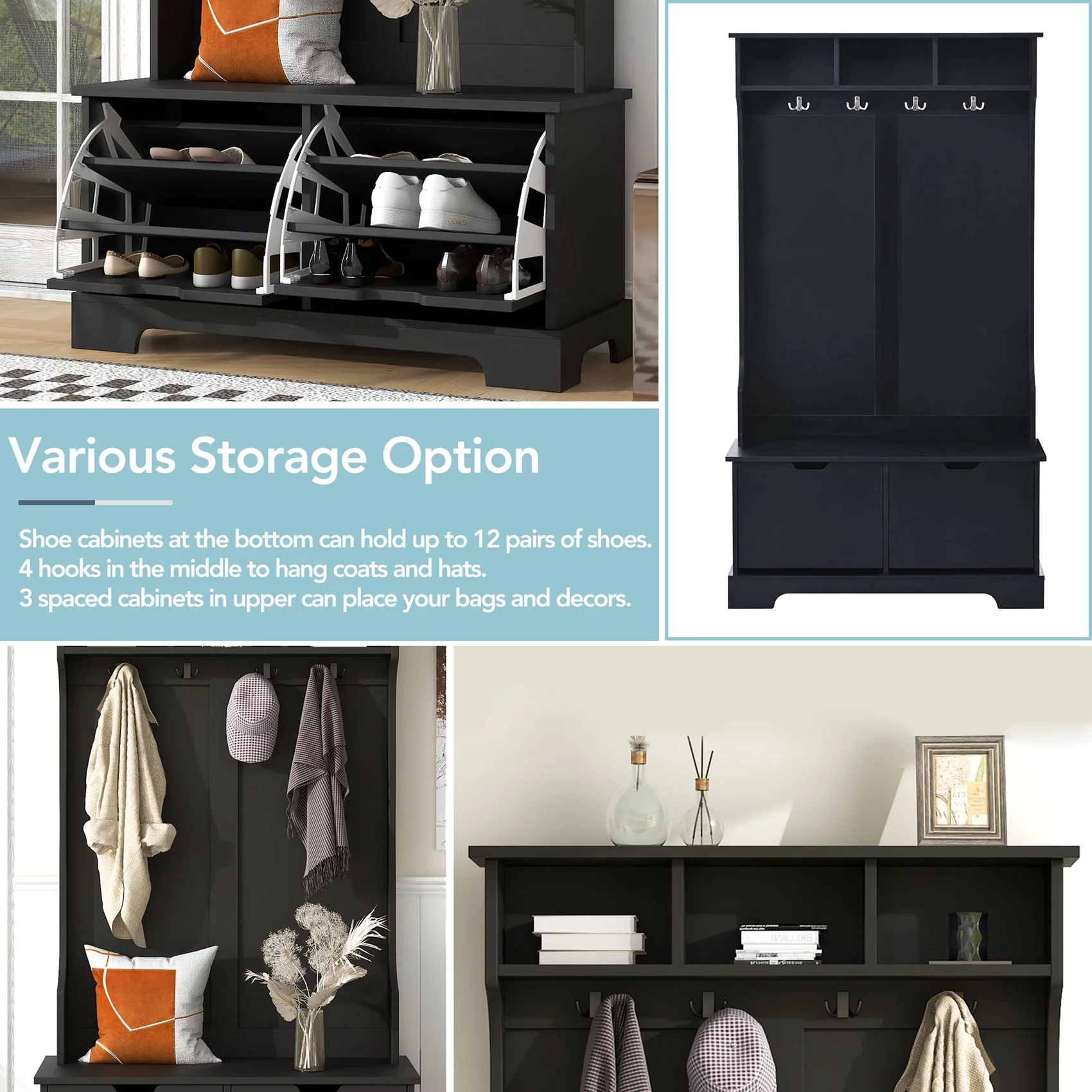 Hall Tree with Bench and 2 Flip Shoe Storage Drawers, Entryway Bench with Coat Rack and 3 Top Shelves, Mudroom Bench with Storage and 4 Metal Double Hooks for Entry way, Hallway (Black)