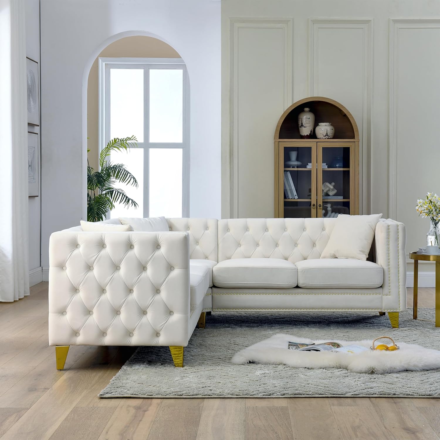 Bellemave L-Shaped Chesterfield Couch with Metal Legs and Nail Heads, Velvet Corner Sofa 5-Seater Sofas with 3 Cushions for Living Room, Bedroom, Apartment, Office(Beige)