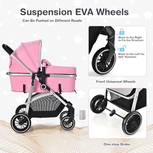 BABY JOY 2 in 1 Convertible Baby Stroller, High Landscape w/Reversible Seat, Removable Footmuff, Adjustable Backrest & Canopy, Foldable Infant Pram Stroller for 0-36 Months Babies, Pink