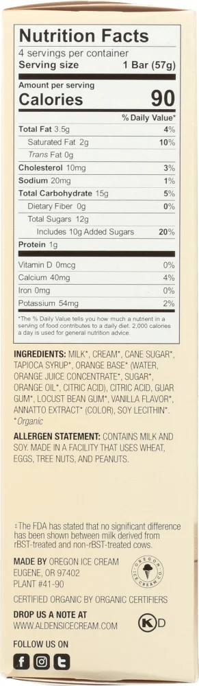 Aldens Organic New School Orange Cream Ice Cream Bars, 3 Fluid Ounce - 4 count per pack -- 12 packs per case.