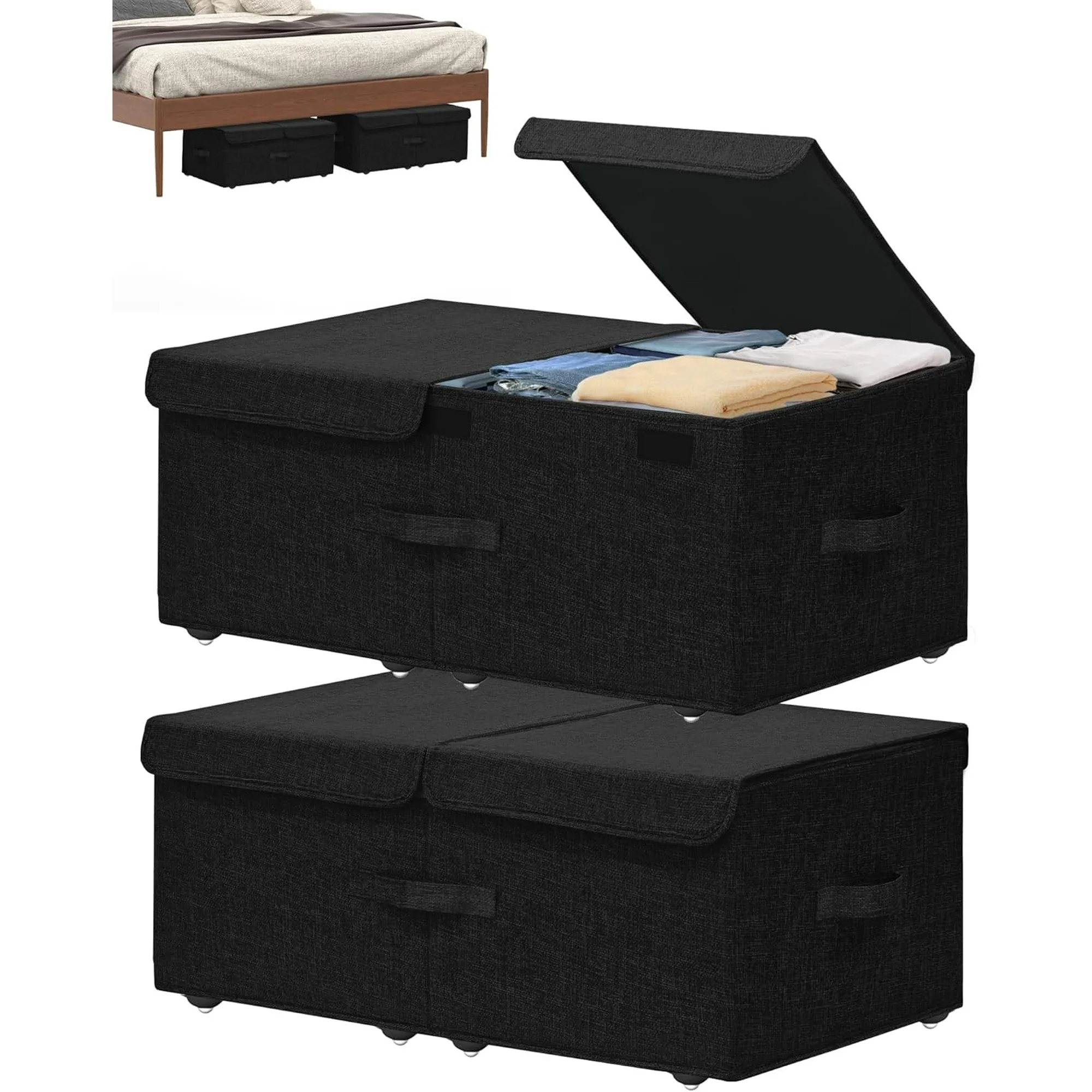 Under Bed Storage Container with Wheels, 2 Pack 5.5 High Deep Underbed Rolling Box Storage Bins Drawers with Lids for Bedroom, Dorms, Clothes, Shoes, Blankets, No Assemble Required, Black