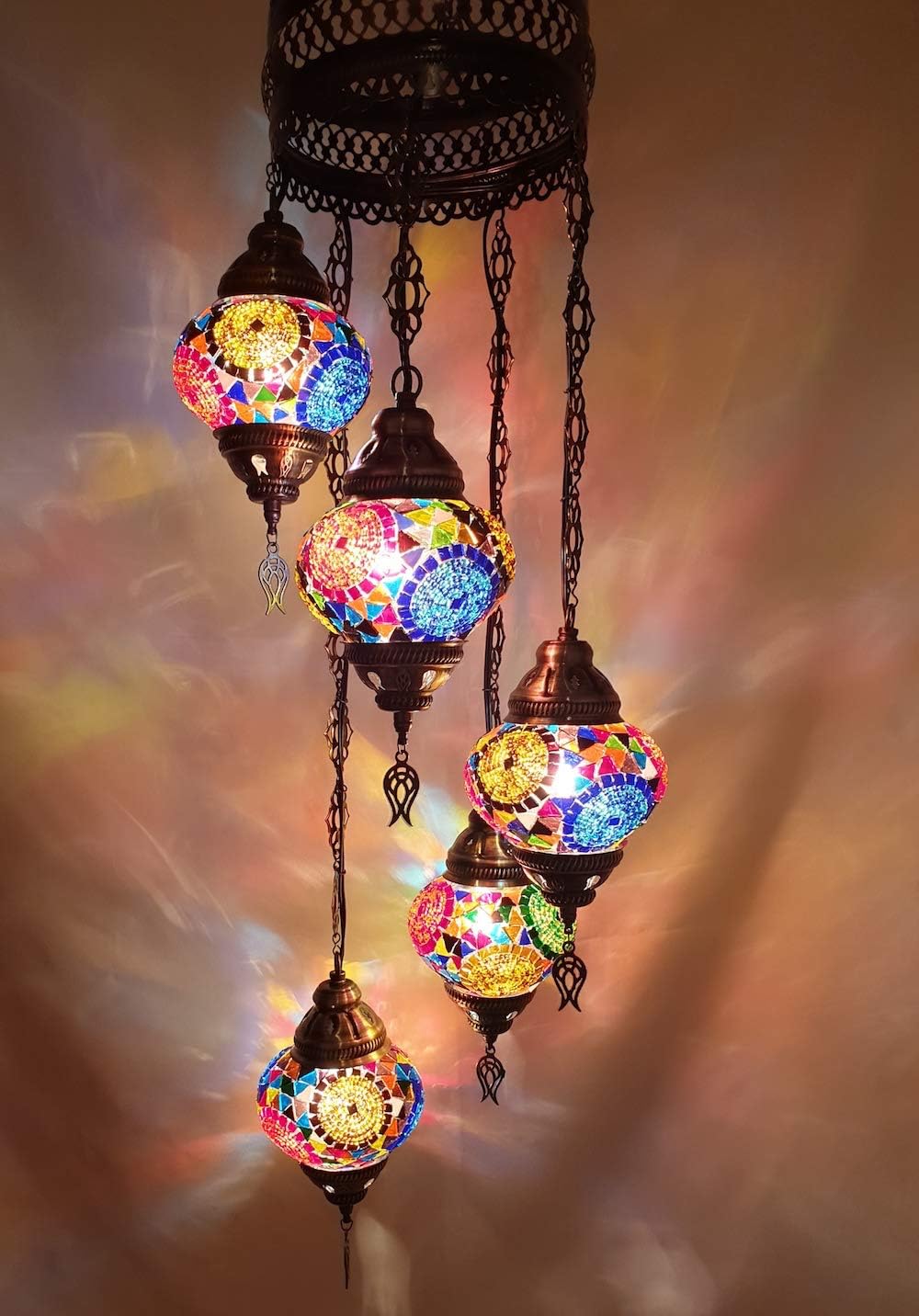 DEMMEX PLUGIN Turkish Moroccan Mosaic Chandelier Light, Ceiling Hanging Lamp Pendant Light Fixture with 15ft 4.5mt Cord Chain and Plug, Handmade, Customizable (5 Globes PLUGIN, 42"- 105cm Height)