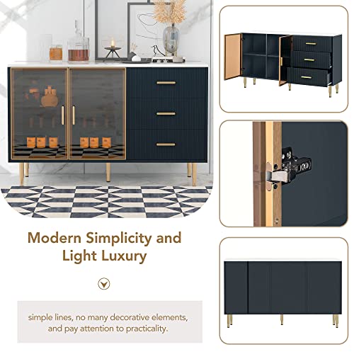 Sideboard Storage Cabinet, Modern 60'' Sideboard Large Storage Buffet Cabinet, Console Table Buffet Cabinet with Gold Metal Legs and Tempered Glass Doors for Living Room Kitchen Entryway (White)